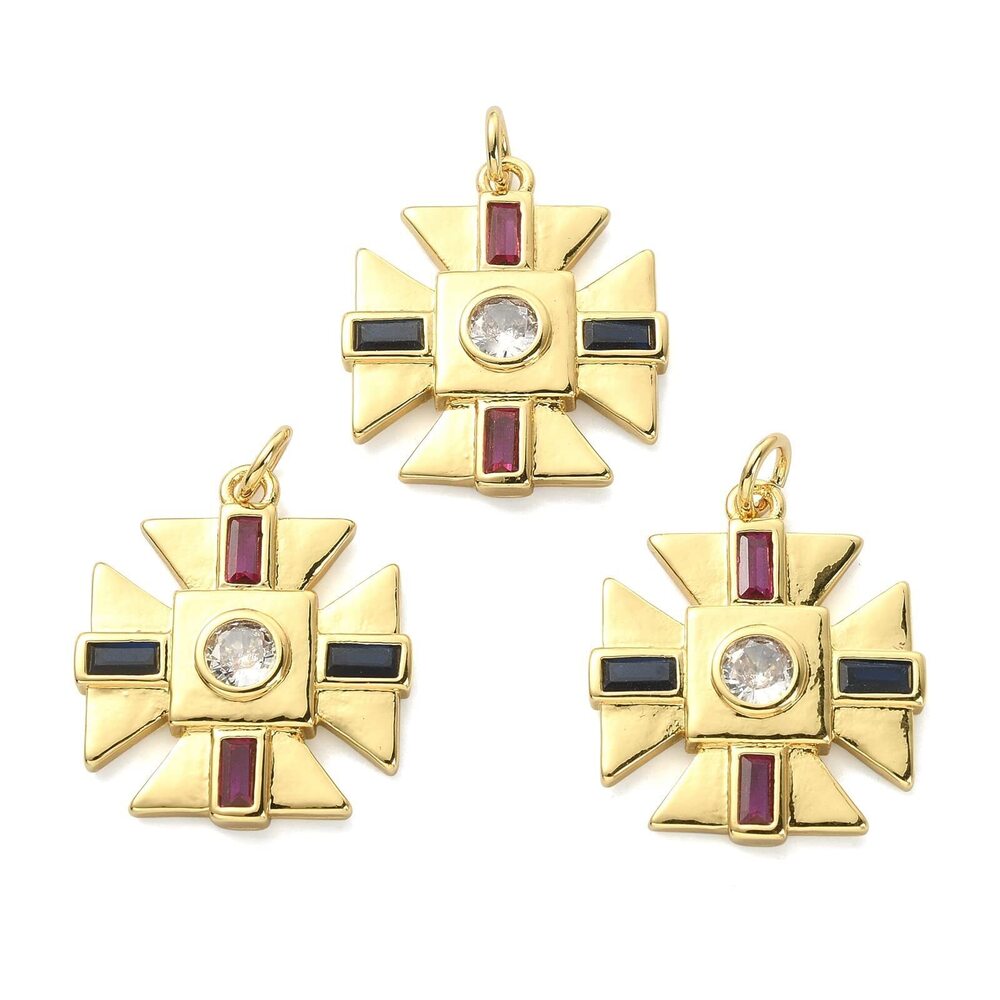 2564 10pcs Brass Cross Charms Real Gold Plated Cross Charms CZ Stone